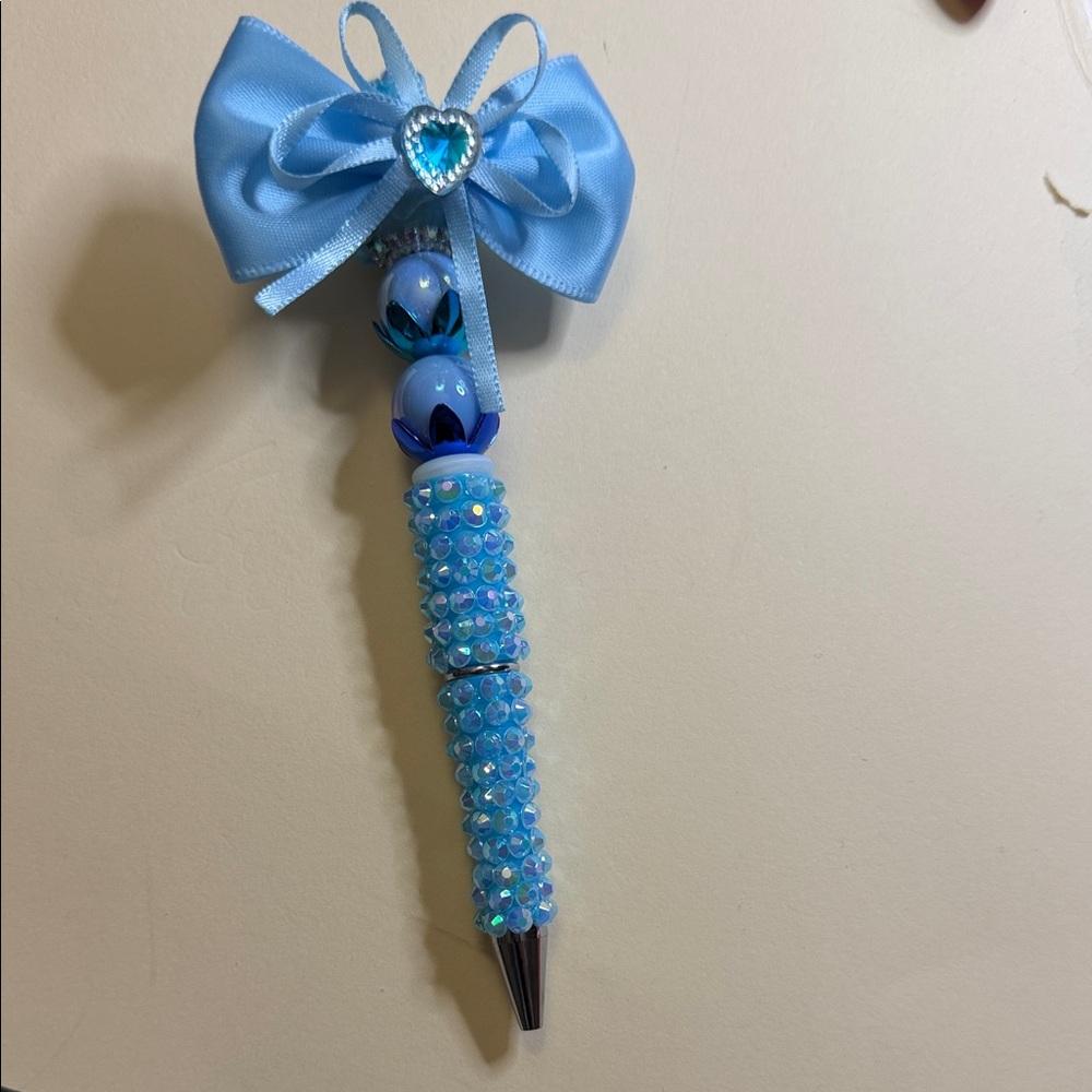 Blue Bow Beaded Kids Pen - Decorative Light Blue Ballpoint